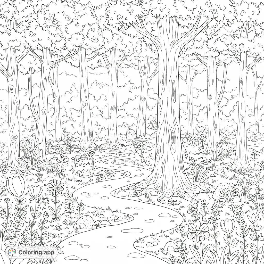 Explore a serene forest path winding through tall trees and vibrant wildflowers. A detailed nature scene perfect for mindful coloring and creative expression.
