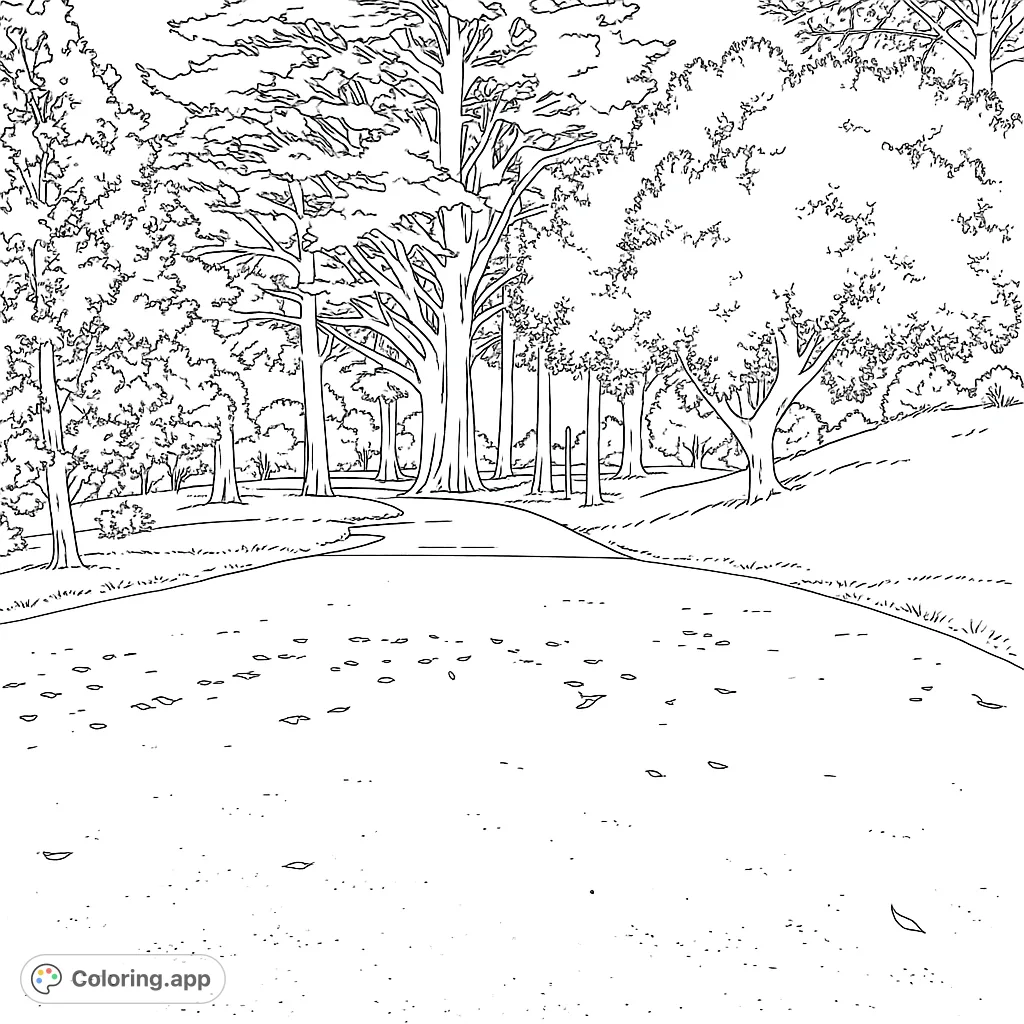 Explore a peaceful forest path coloring page, winding through a dense woodland with various trees and scattered leaves. A free printable coloring page for nature lovers.
