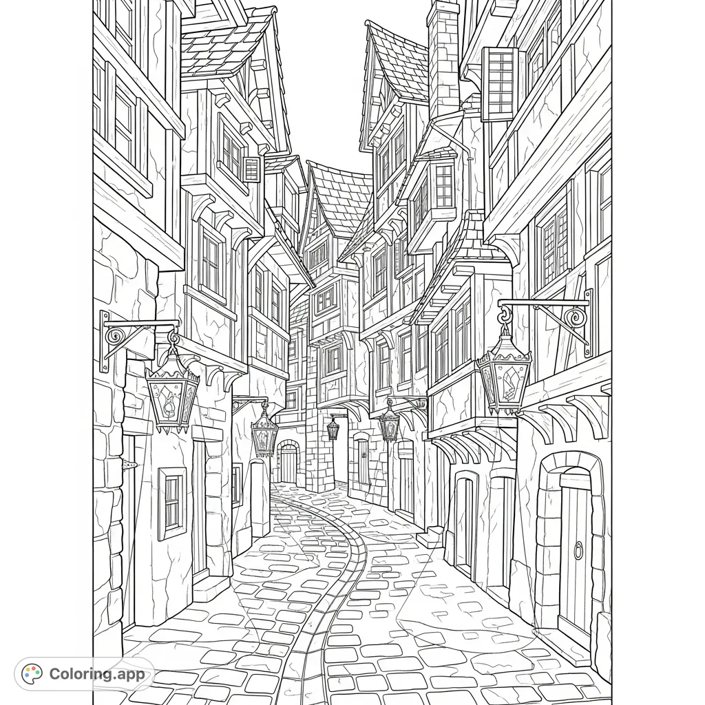 Explore a detailed medieval alleyway coloring page. Features winding cobblestone paths, tall crooked houses, and intricate hanging lanterns. A journey into history awaits.