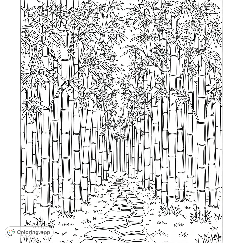An intricate bamboo grove scene with tall stalks and a winding stone pathway. Perfect for nature lovers and a calming coloring experience.