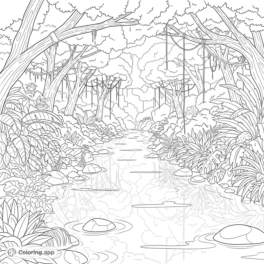 Explore a winding rainforest river surrounded by lush, densely covered banks with abundant tropical foliage. Simplified reflections add depth to this immersive nature scene.
