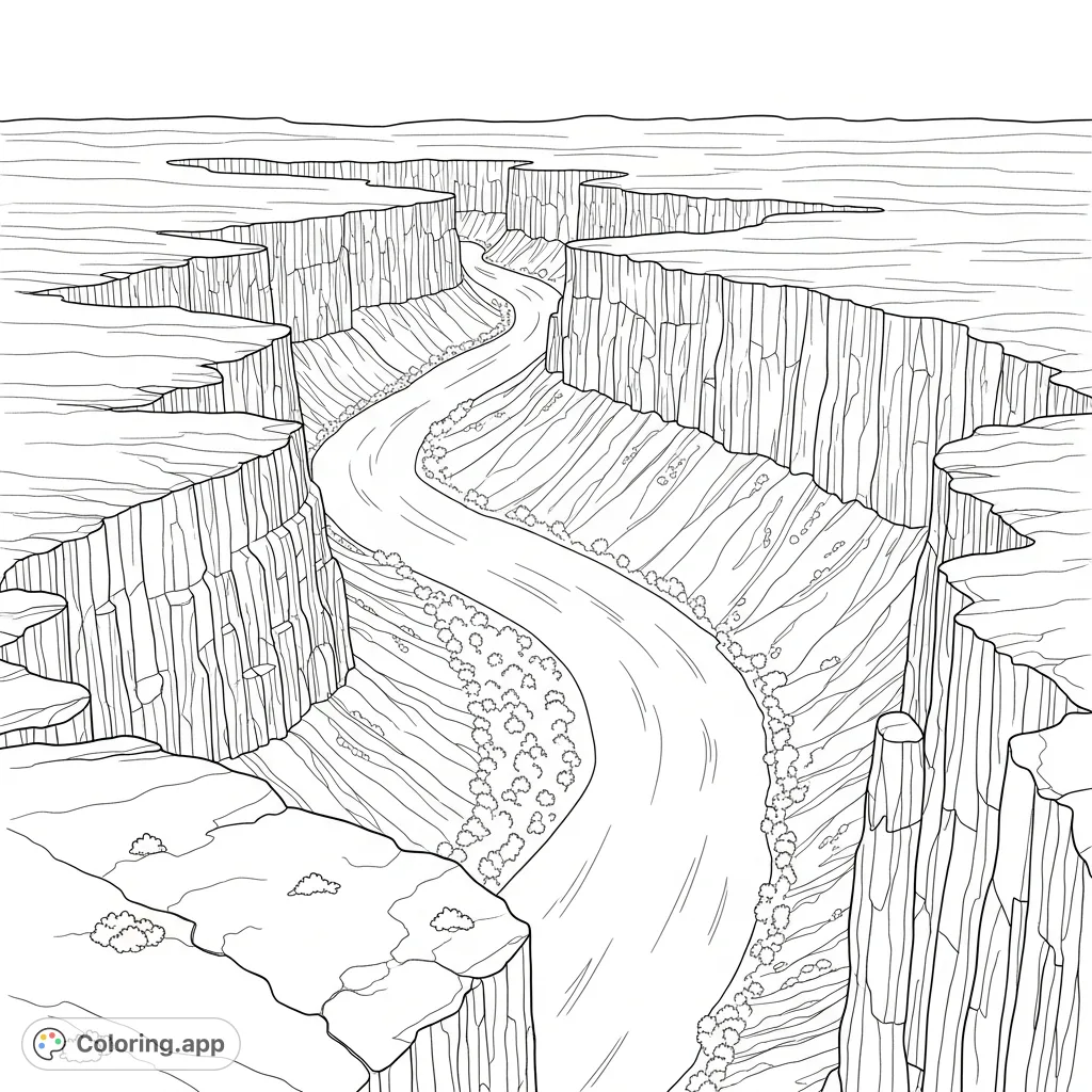 An aerial view of a majestic river canyon, featuring a winding river and dramatically simplified layered rock walls, perfect for serene coloring.