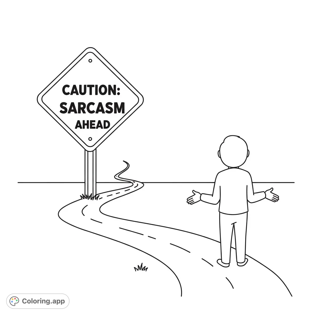 A whimsical figure stands on a winding road, inviting creative coloring for a unique scene. Perfect for all ages to personalize.