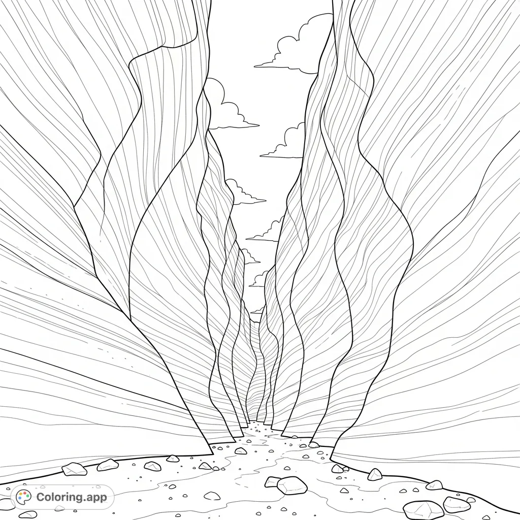 Explore a dramatic slot canyon featuring towering, curved rock walls and winding, narrow passageways. Discover intricate rock textures and a glimpse of the sky above.