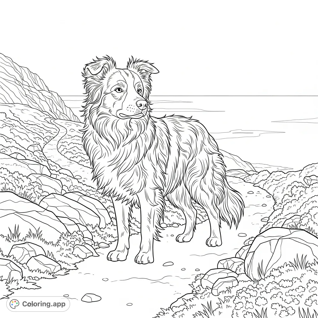 A majestic Border Collie stands on a windswept cliffside trail overlooking the ocean, its fur ruffled by the breeze. Perfect for dog lovers.