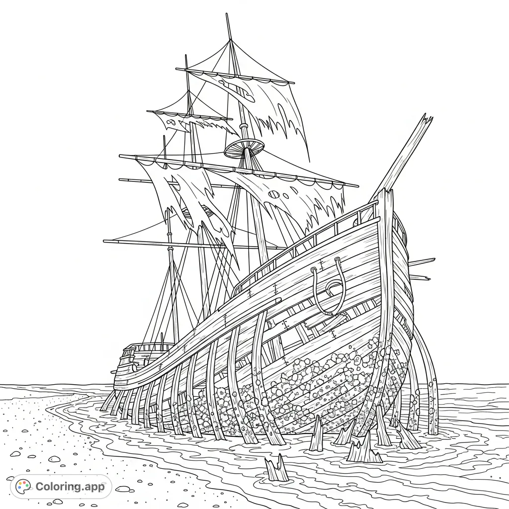 Explore a dramatic shipwreck on a windswept beach. This intricate coloring page features a decaying wooden sailing ship with splintered masts and tattered sails, ideal for detailed coloring.