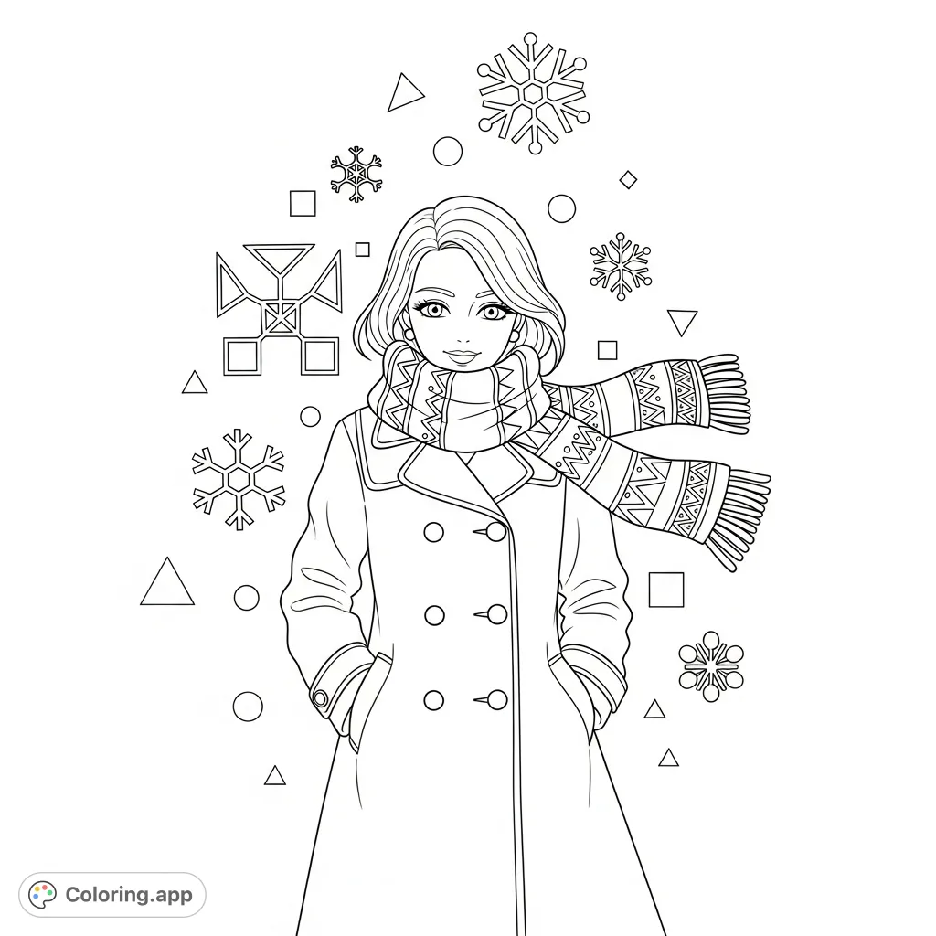 A charming anime girl in a cozy winter coat and scarf, surrounded by unique geometrically shaped snowflakes. Perfect for a relaxing coloring experience.