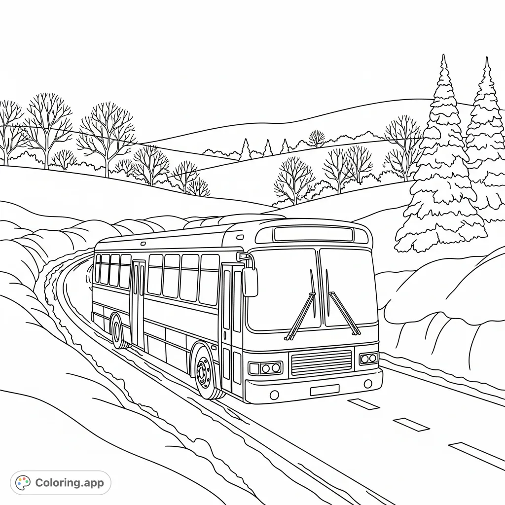 Color a charming winter scene featuring a passenger bus navigating a winding, snow-covered road flanked by soft, curving snow banks and peaceful snowy hills.