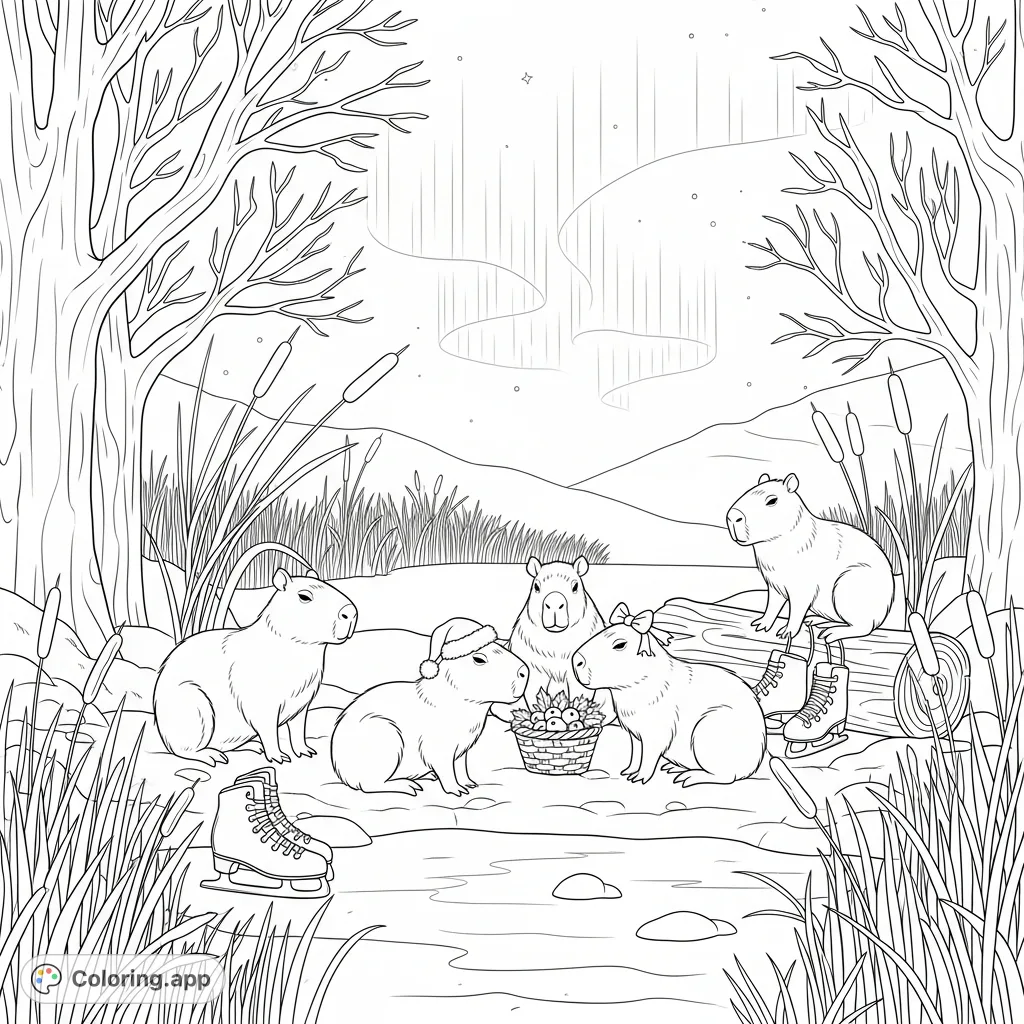 Discover a charming winter capybara coloring page featuring festive capybaras, a frozen pond, and a shimmering aurora. Perfect for all ages!