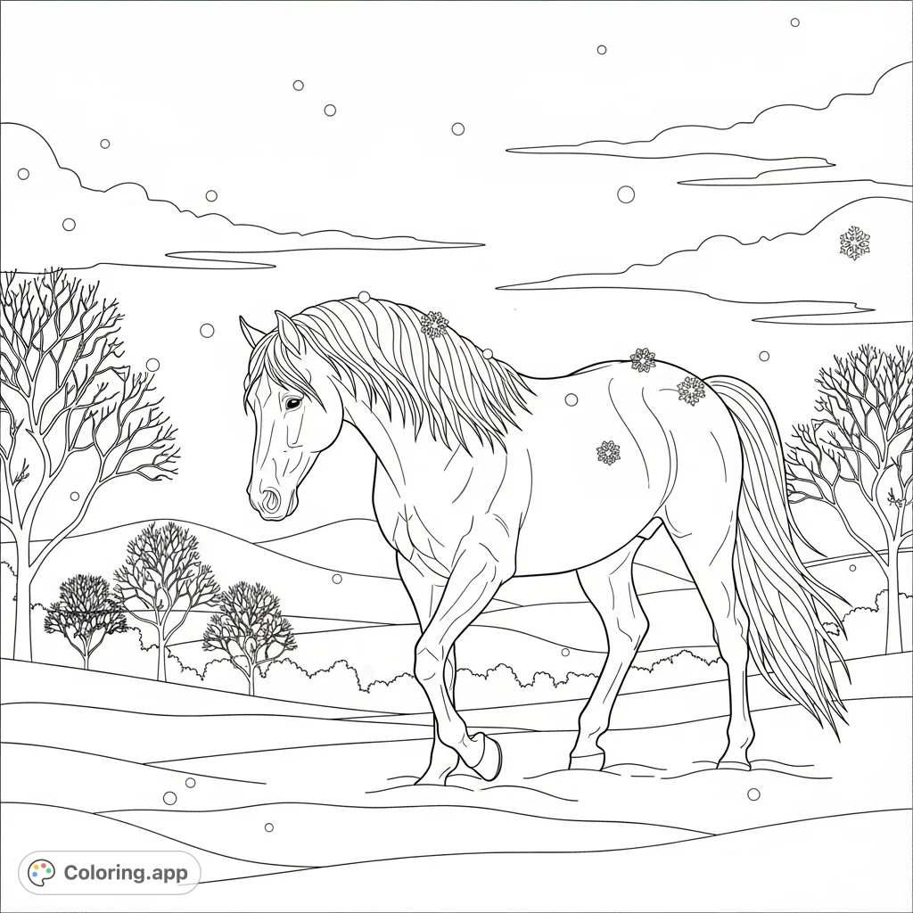 A majestic horse walking through a serene, snowy landscape with delicate flakes falling. Perfect for tranquil coloring.