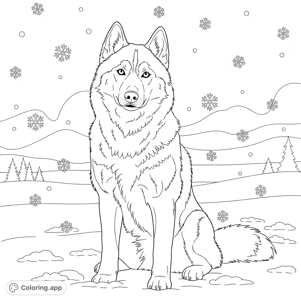 A charming husky sits peacefully amidst falling snowflakes, showcasing alert eyes and textured fur in a serene winter landscape. Perfect for mindful coloring.