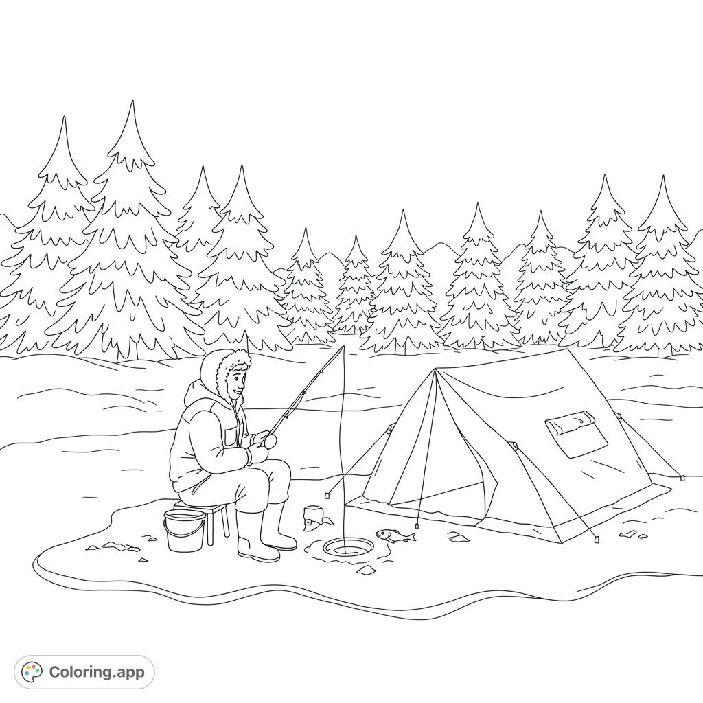 A cozy ice fishing scene featuring a bundled-up person by a tent, patiently fishing on a frozen lake surrounded by a snowy pine forest.