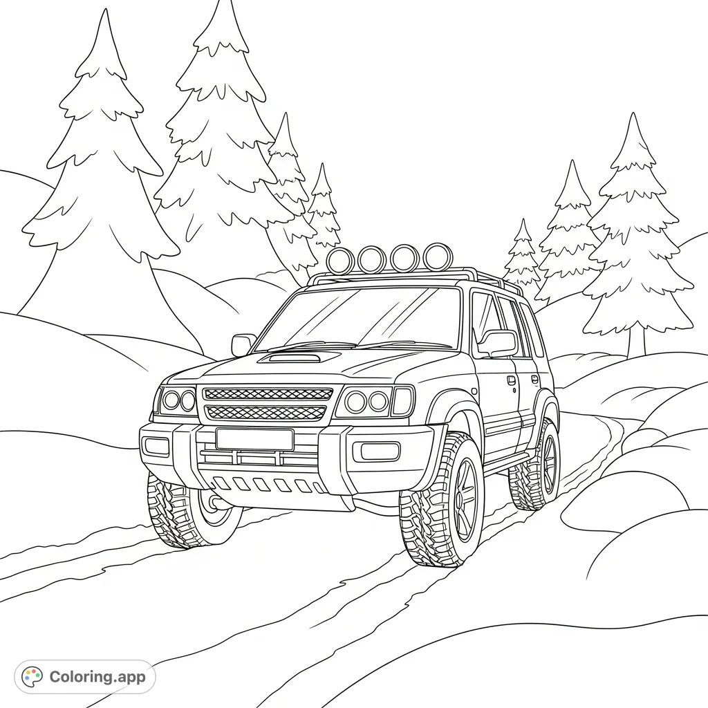 An adventurous off-road SUV with roof lights navigates a simplified snowy forest path. Explore this serene winter landscape, perfect for a cozy coloring session.