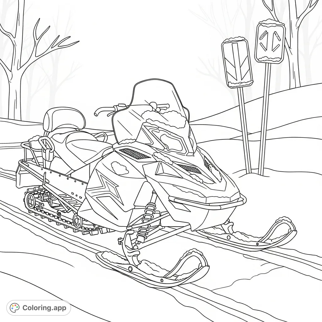 A detailed snowmobile covered in fresh snow, parked beside trail markers on a winter path, set against a backdrop of snowdrifts and barren trees.