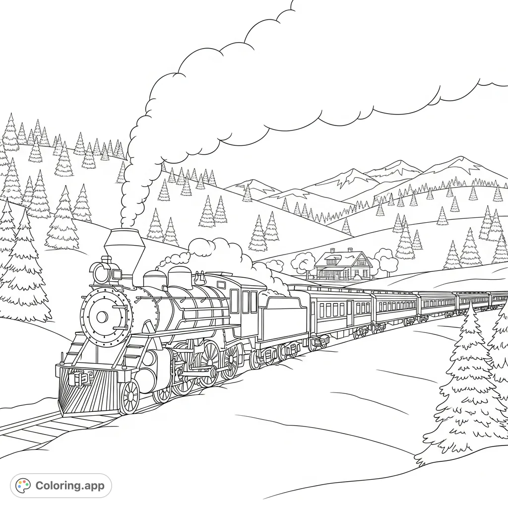 A classic steam train chugs through a picturesque, snow-covered landscape, featuring fir trees, rolling hills, and a quaint station under a wide sky. A detailed winter scene.