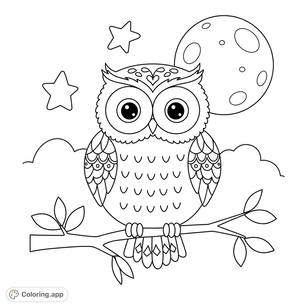 A delightful owl perched on a branch under a starry moonlit sky. This charming owl coloring page offers a free printable design for kids and adults.