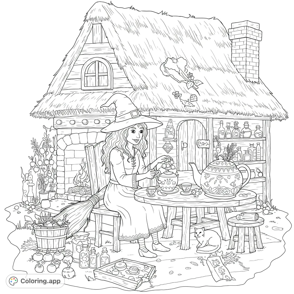 A charming witch enjoys tea outside her rustic cottage, surrounded by magical ingredients and a cozy fireplace. Perfect for a whimsical coloring adventure!