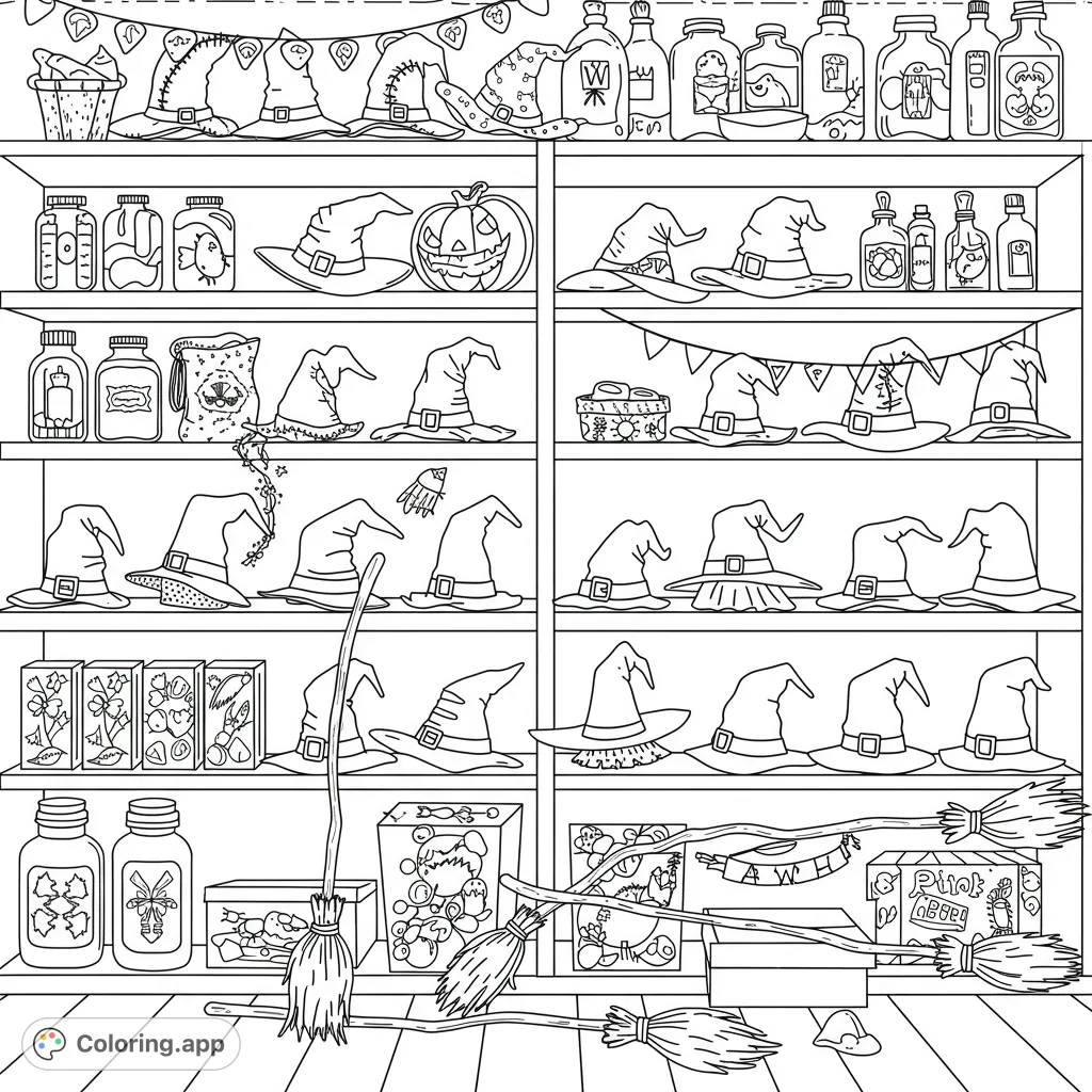 Explore a magical Halloween shop filled with witch hats, potion bottles, pumpkins, and brooms. A free printable Halloween coloring page for all ages!