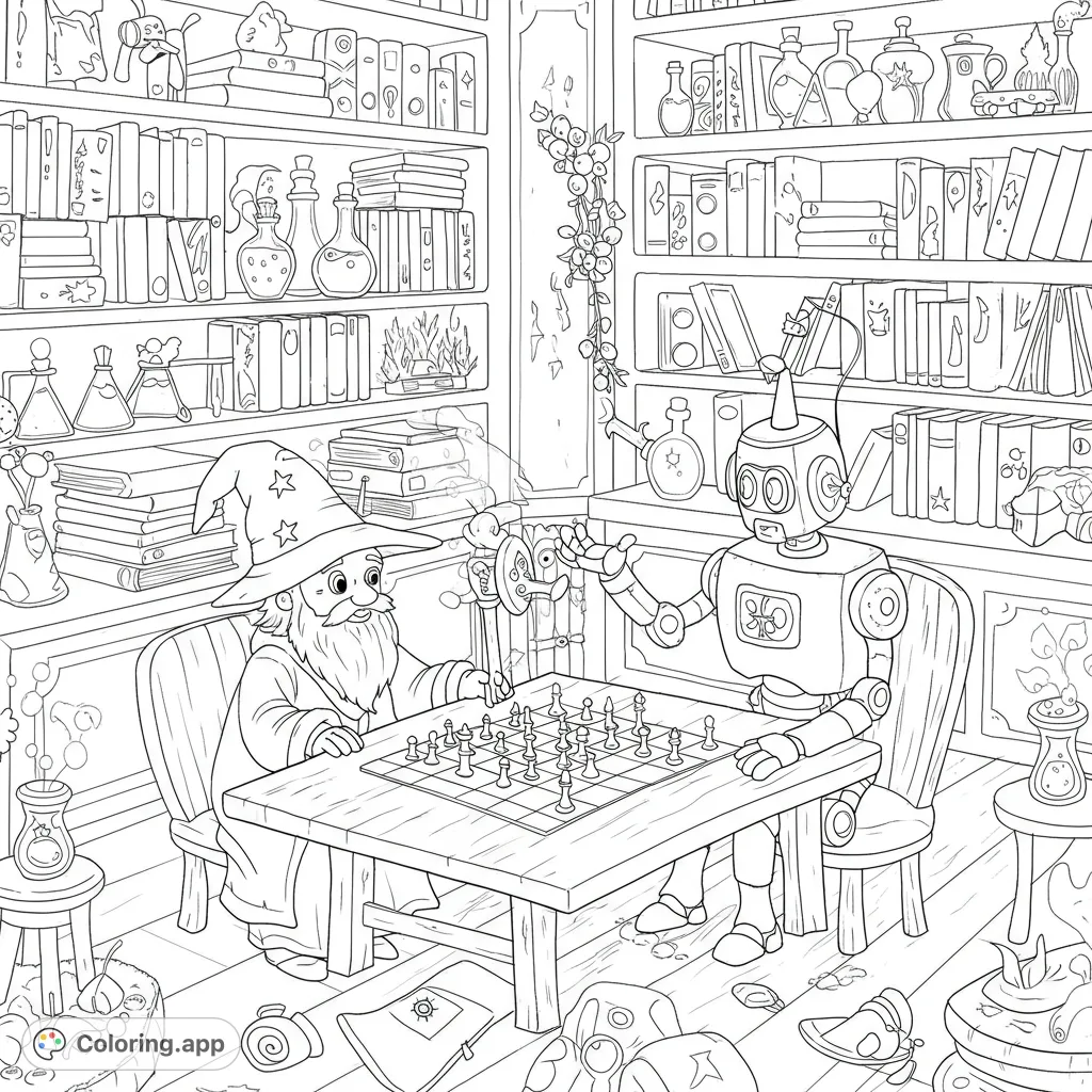 A whimsical wizard and a clever robot engage in a strategic chess match amidst a magical, cluttered library filled with books and potions.