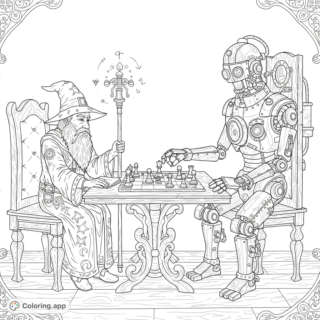 A captivating fantasy vs. steampunk chess match! A wise wizard faces off against an intricate robot, blending magic and machinery in a unique scene.