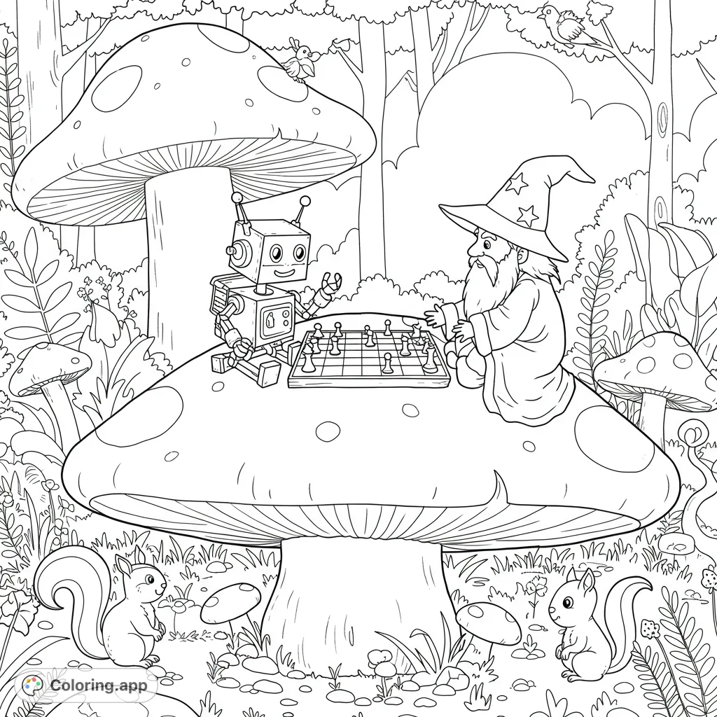 A whimsical forest scene where a wise wizard and a friendly robot play chess on a giant mushroom, surrounded by curious woodland creatures.