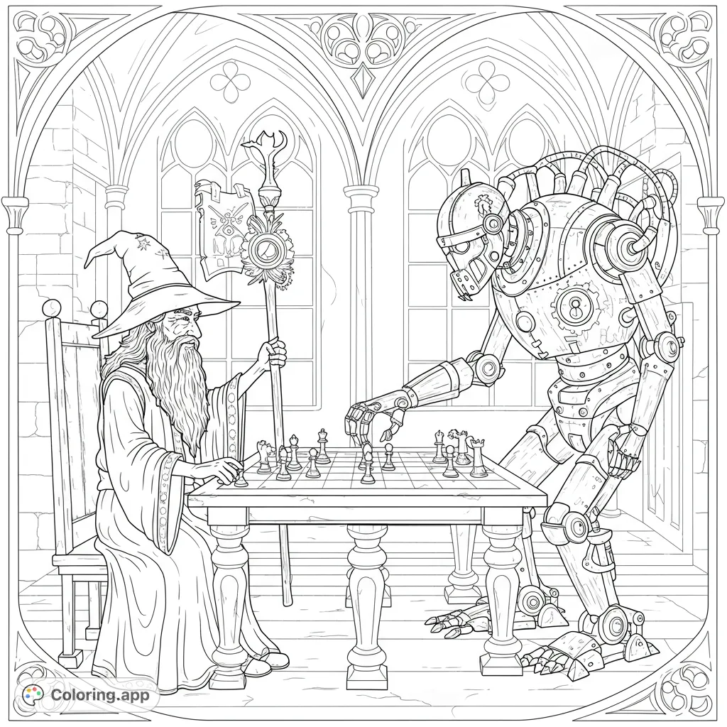 A captivating steampunk fantasy coloring page featuring a wizard and a robot in an epic chess battle within a grand gothic hall. Intricate details for hours of creative fun.
