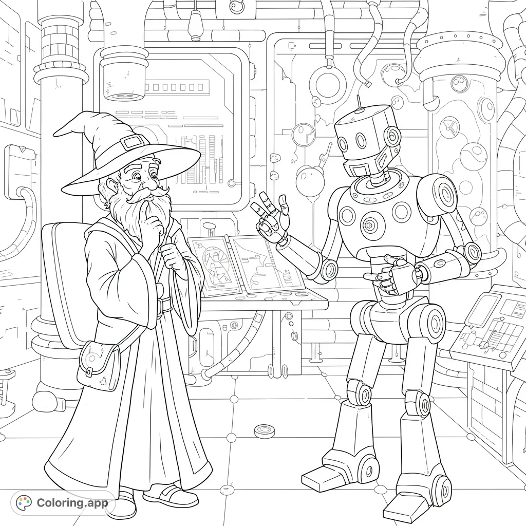 A whimsical wizard and a sleek robot converse in a detailed futuristic lab. A unique sci-fi fantasy coloring page for all ages.