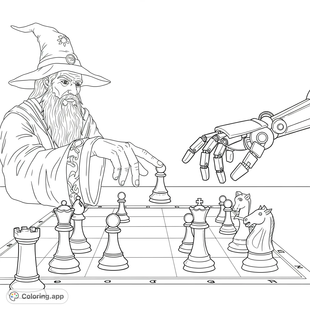 Epic fantasy vs. sci-fi chess battle featuring a wise wizard and a futuristic robot arm. A free printable strategy coloring page for all ages.