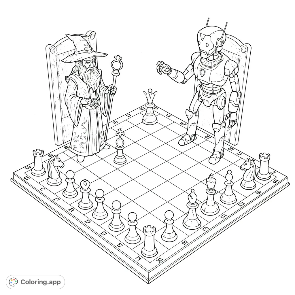 Epic wizard vs. robot chess match on a detailed board. A magical duel of wits and strategy, perfect for fantasy and sci-fi fans. Free printable coloring page.