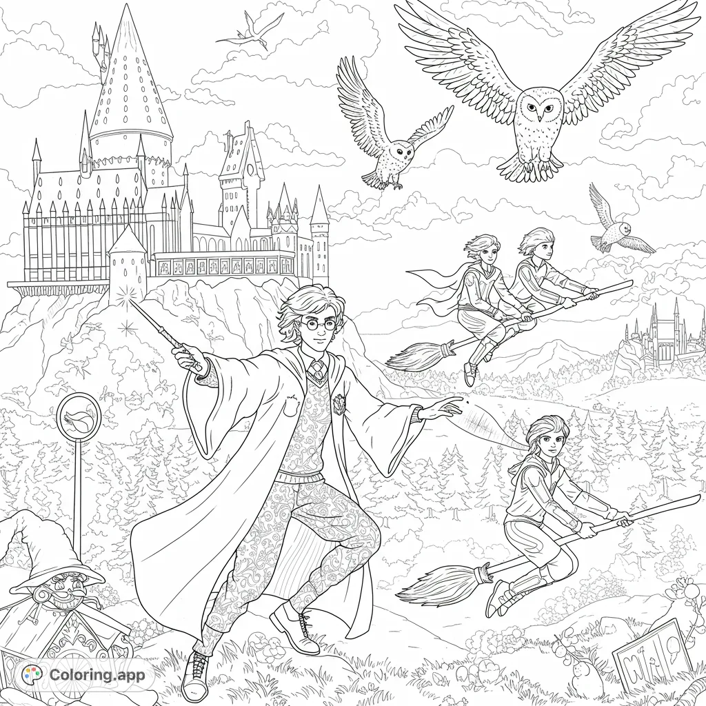 A magical wizarding world coloring page featuring a young wizard casting a spell, flying students on brooms, majestic owls, and a grand castle.