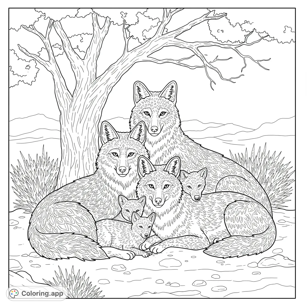 A heartwarming wolf family coloring page featuring two adults and three pups nestled under a tree, perfect for nature lovers and animal enthusiasts.