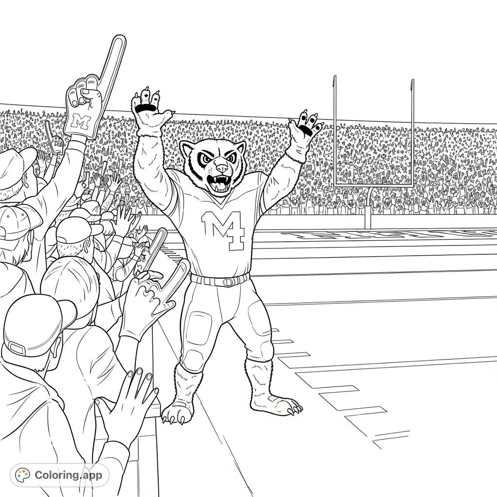 Capture the excitement of game day with Michigan's wolverine mascot, triumphantly waving to a cheering crowd. Perfect for sports fans of all ages!
