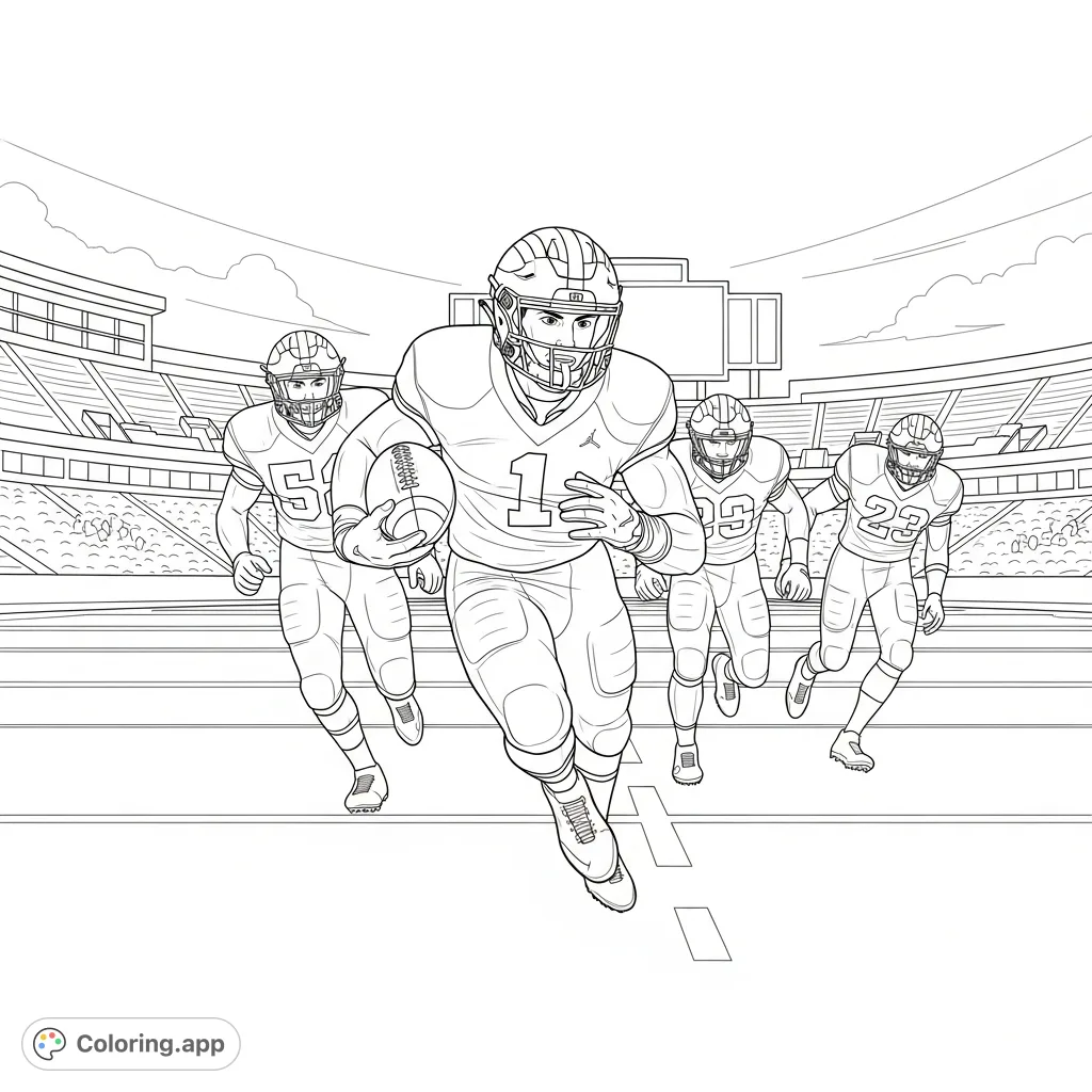 Dynamic Michigan Wolverines football player charging forward with the ball, pursued by opponents on the stadium turf with a detailed scoreboard.