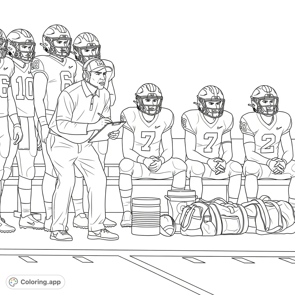 Capture the intense sideline action of Michigan Wolverines football! A focused coach, players, and equipment await your creative touch in this free printable coloring page.