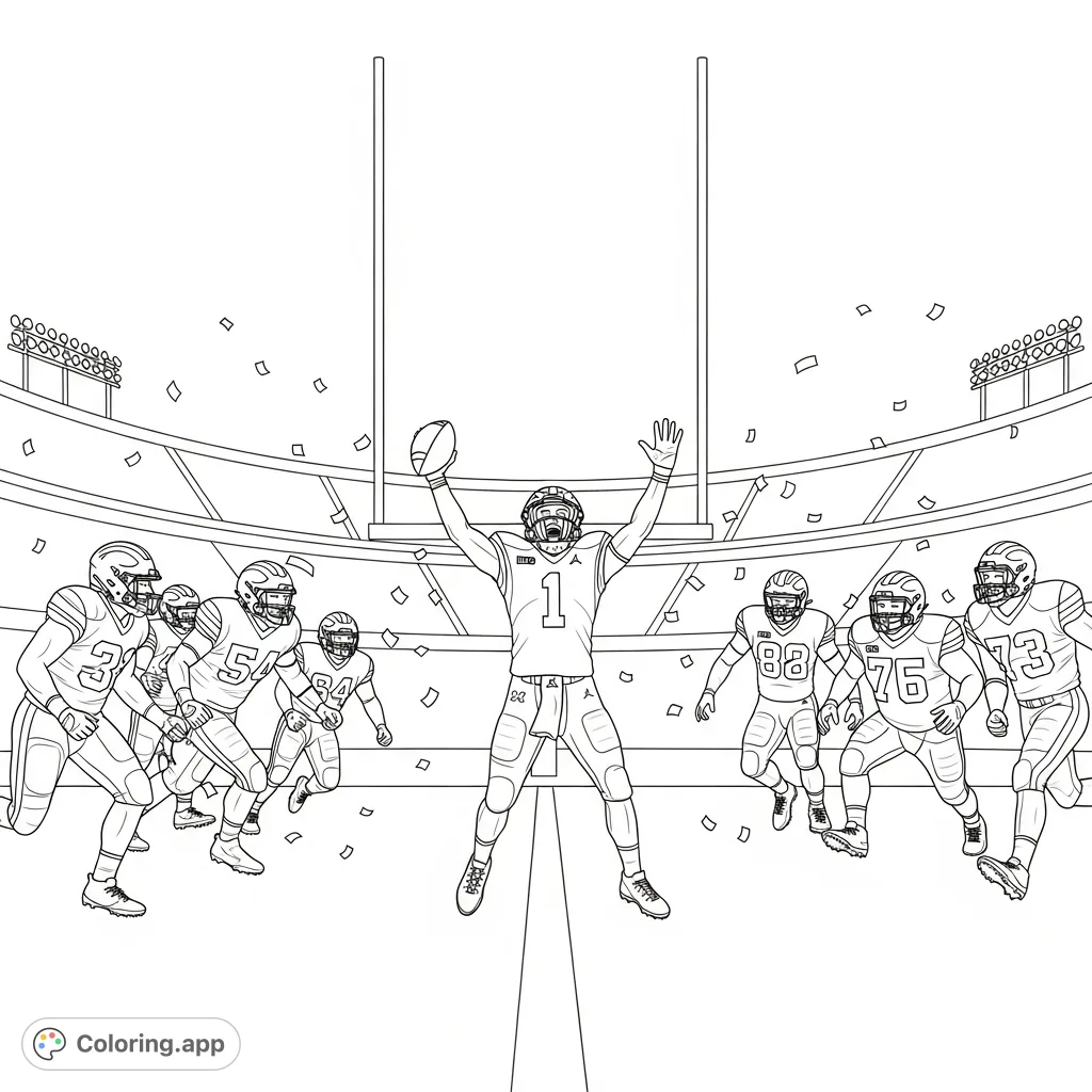 Capture the thrill of a Michigan Wolverines touchdown! A triumphant player, celebrating teammates, goalposts, and confetti create an electrifying football scene.