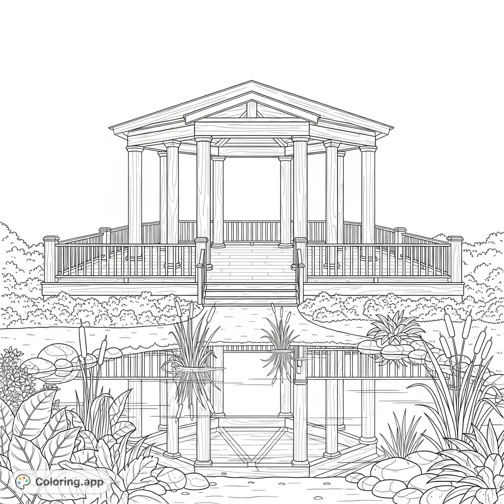 A serene wooden pavilion overlooks a calm, reflective pond, surrounded by lush plants. Perfect for a peaceful coloring experience.