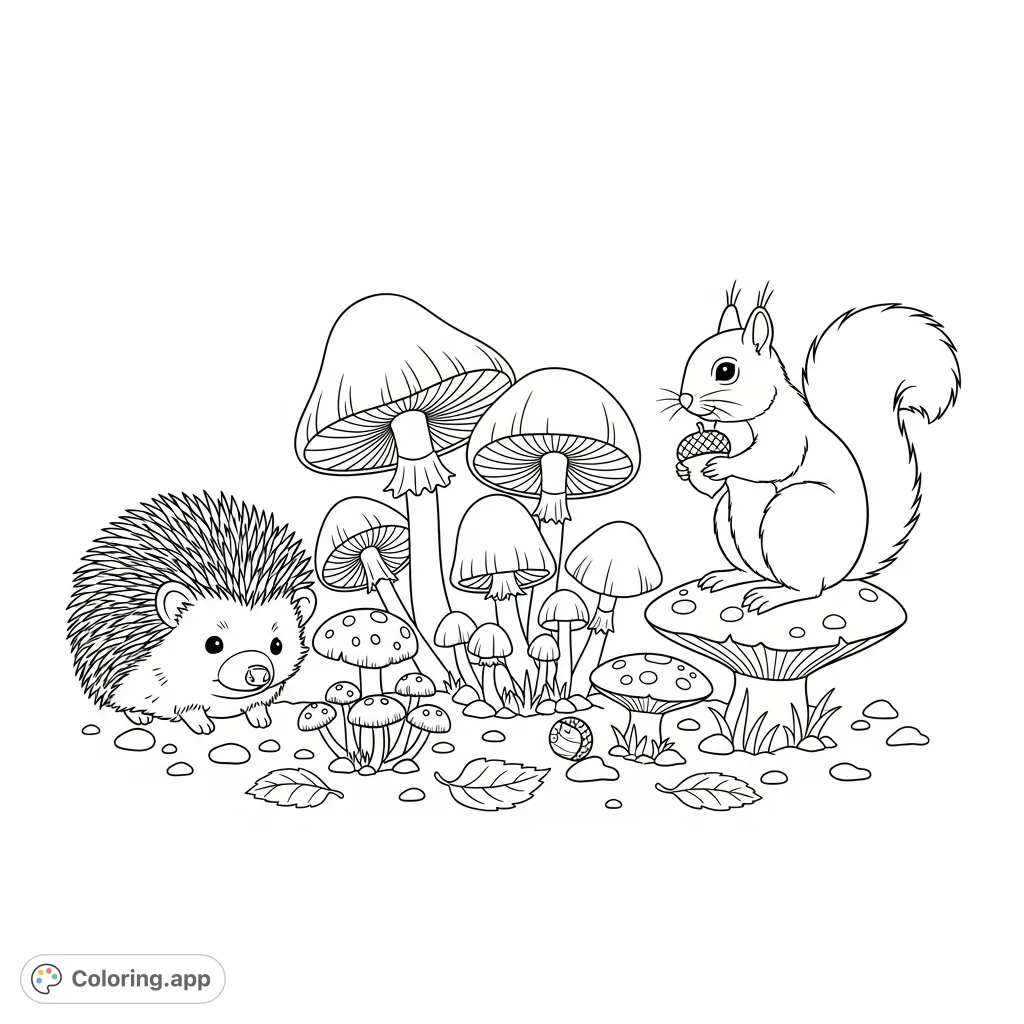 A charming coloring page featuring a hedgehog and squirrel sharing a vibrant mushroom patch, surrounded by subtle forest floor elements.
