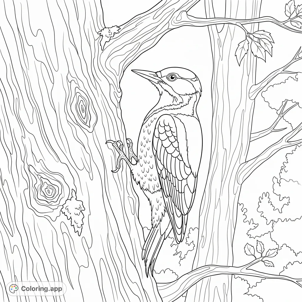 A detailed coloring page featuring a woodpecker actively tapping on a textured tree trunk in a forest setting. Focus on feathers, bark, and natural surroundings.