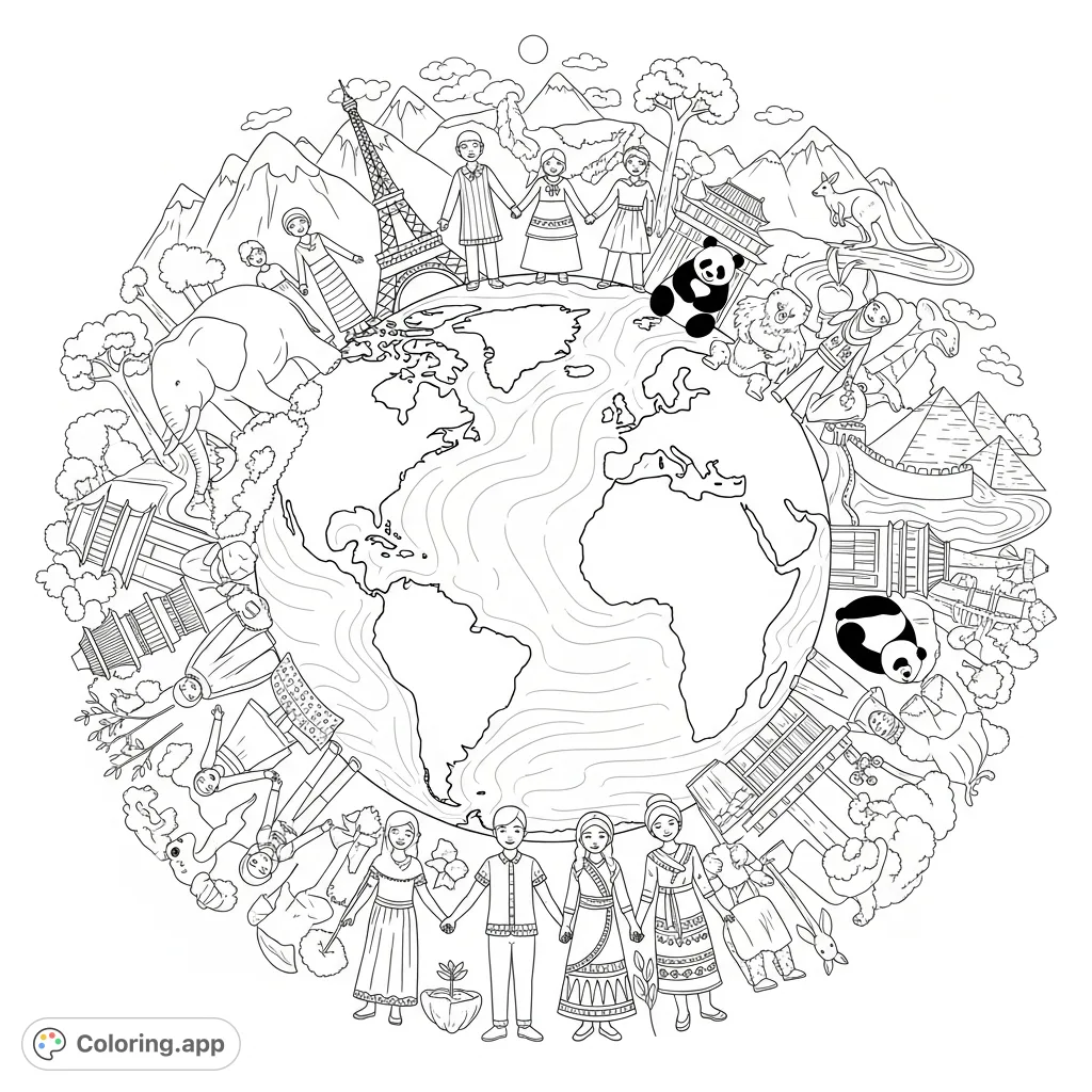 Explore a detailed world unity coloring page featuring diverse people, global landmarks, and animals surrounding a central Earth, symbolizing interconnectedness.