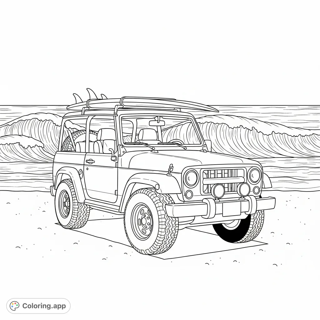 A detailed Wrangler-style beach cruiser, centrally placed with a surfboard on its roof, set against a backdrop of rolling ocean waves and a sandy beach.