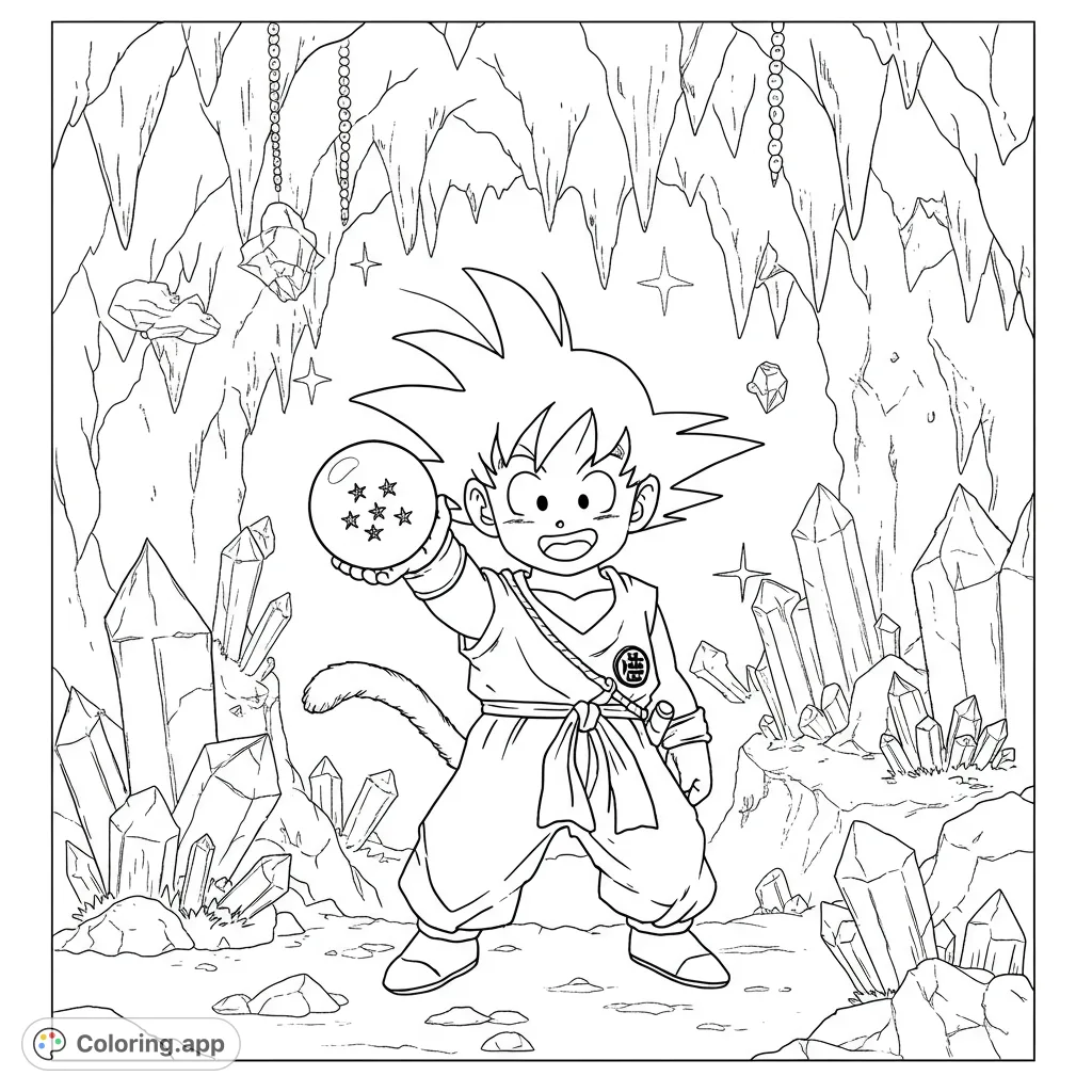 An exciting anime adventure coloring page featuring a spiky-haired hero holding a magical four-star orb in a sparkling crystal cave. Free printable fun!