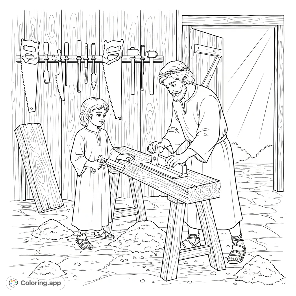 Discover a tender scene of young Jesus learning carpentry with Joseph. This humble workshop invites creative coloring and reflection.