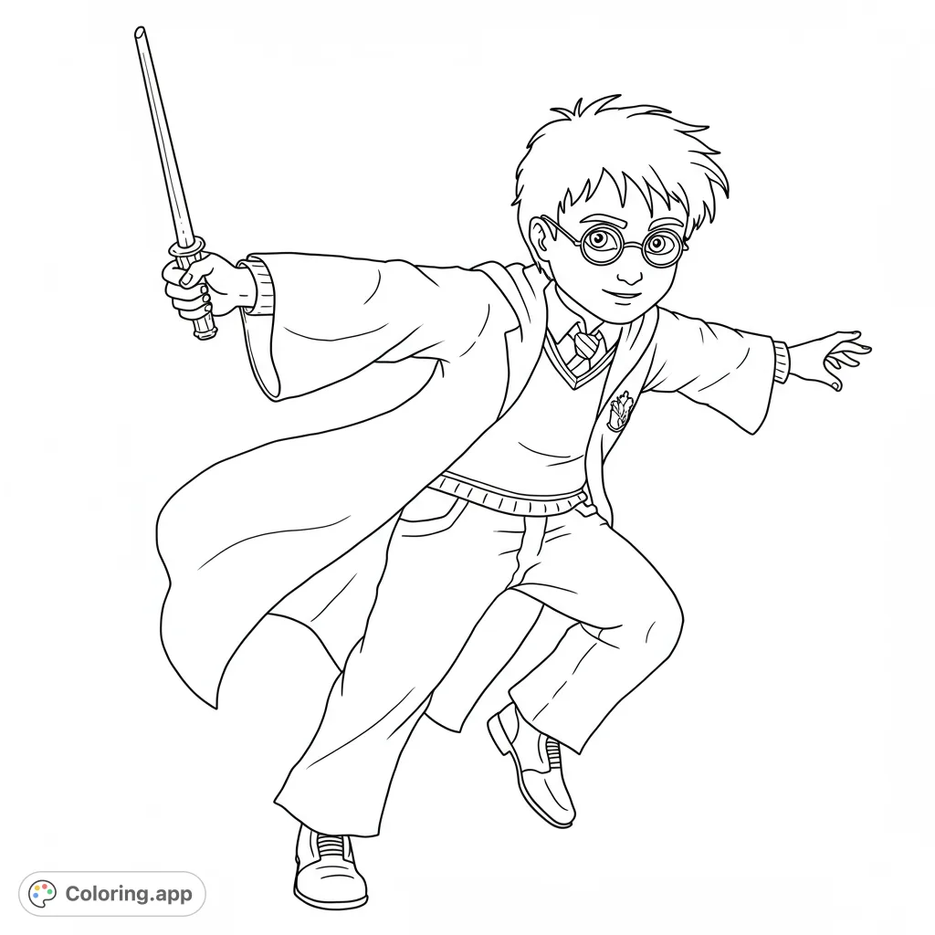 Dynamic young wizard coloring page, mid-spell with wand and flowing robes. A free printable fantasy adventure for all ages.