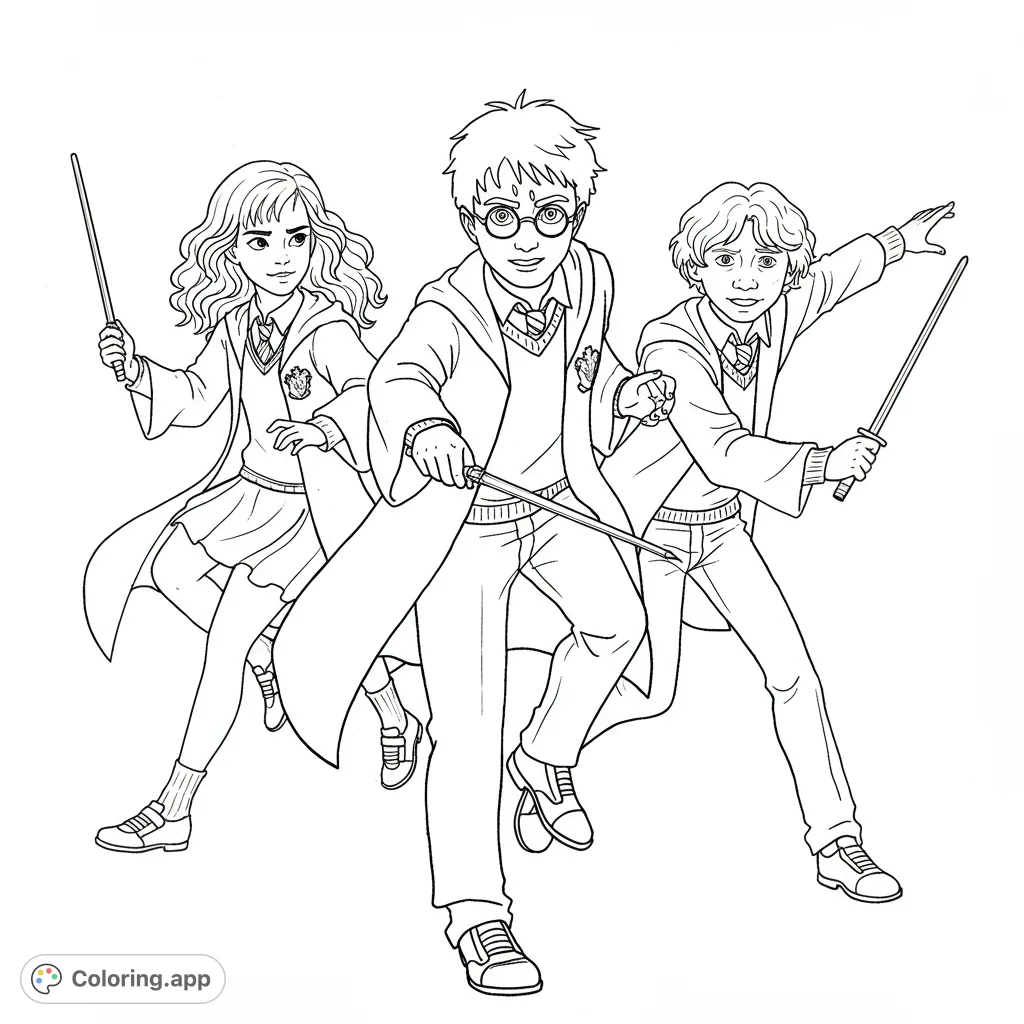 Join three iconic young wizards on an exciting adventure! This free printable wizarding world coloring page features dynamic poses and magical details for all ages.