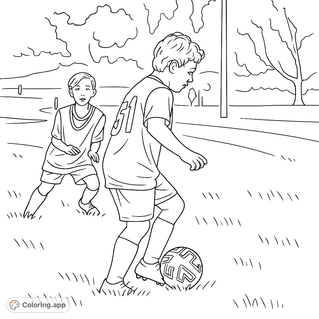 Dynamic soccer action coloring page featuring two young players on the field. Perfect free printable coloring page for sports fans and kids!