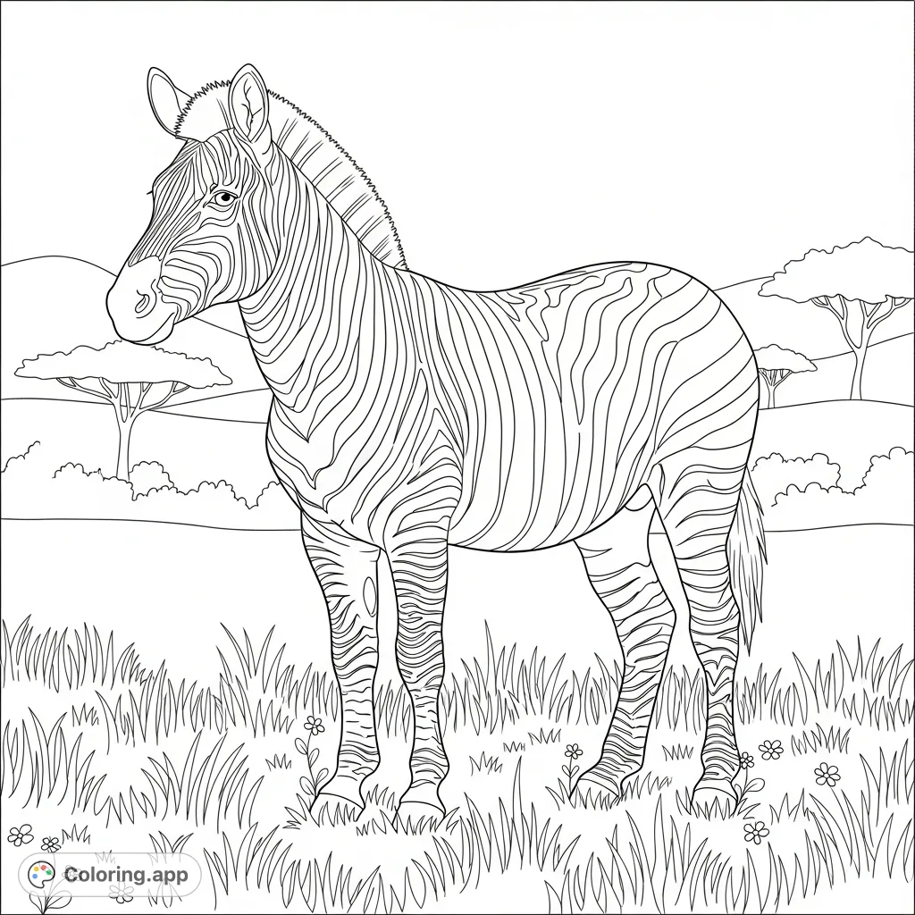 Color a majestic zebra standing in a grassy enclosure with rolling hills and distant trees, perfect for animal lovers and nature enthusiasts.