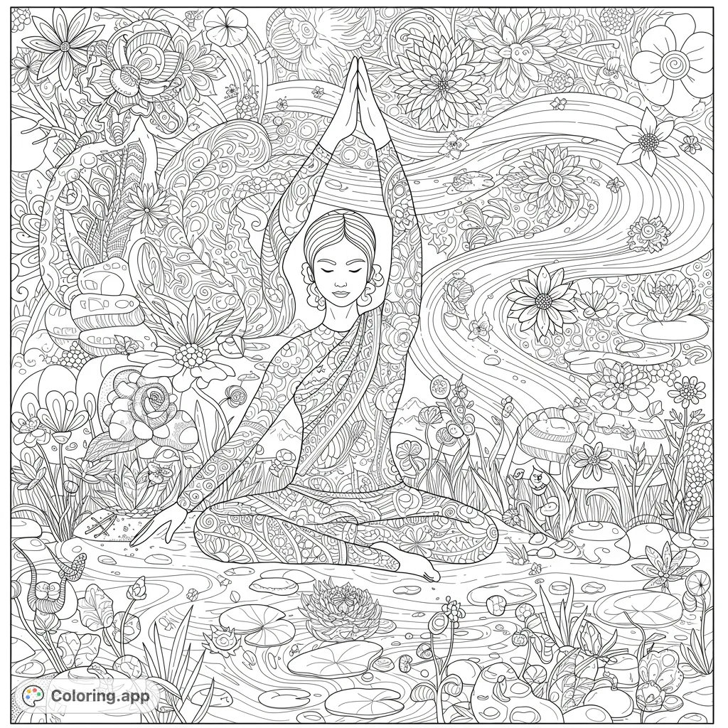 A serene figure in a yoga pose amidst a lush, intricately detailed garden of blooming flowers and swirling patterns. Perfect for mindful coloring.