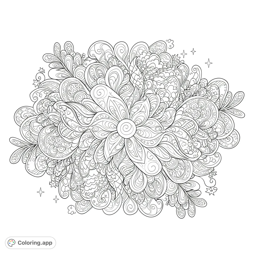An intricate floral mandala-like design with swirling petals and detailed patterns, perfect for a relaxing and challenging coloring experience.