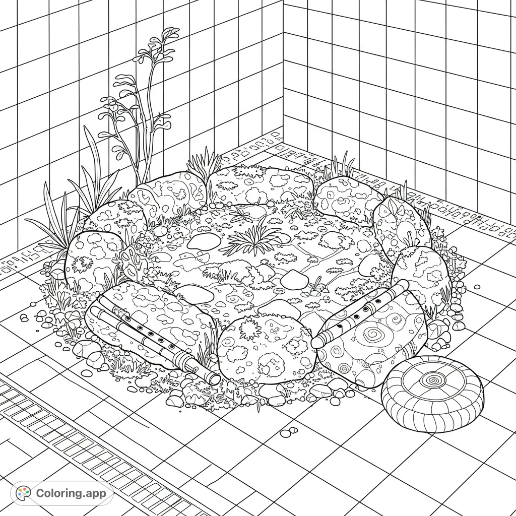 Discover a serene zen garden coloring page featuring a tranquil pond, textured rocks, lush plants, and two decorative flutes. A free printable coloring page for relaxation.