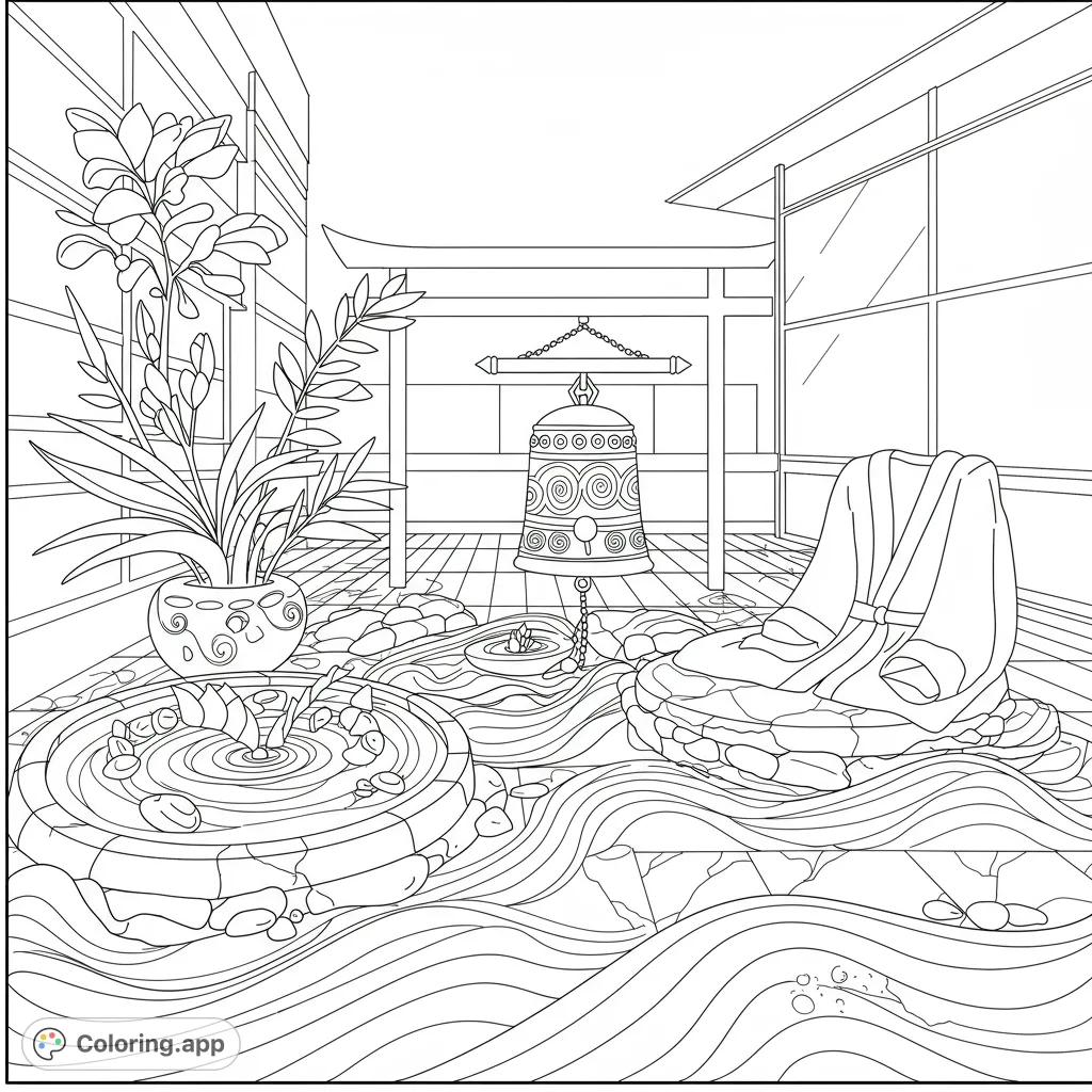 A serene Japanese zen garden coloring page featuring an ornate bell, tranquil water feature, lush plant, and meditation cushion for peaceful coloring.